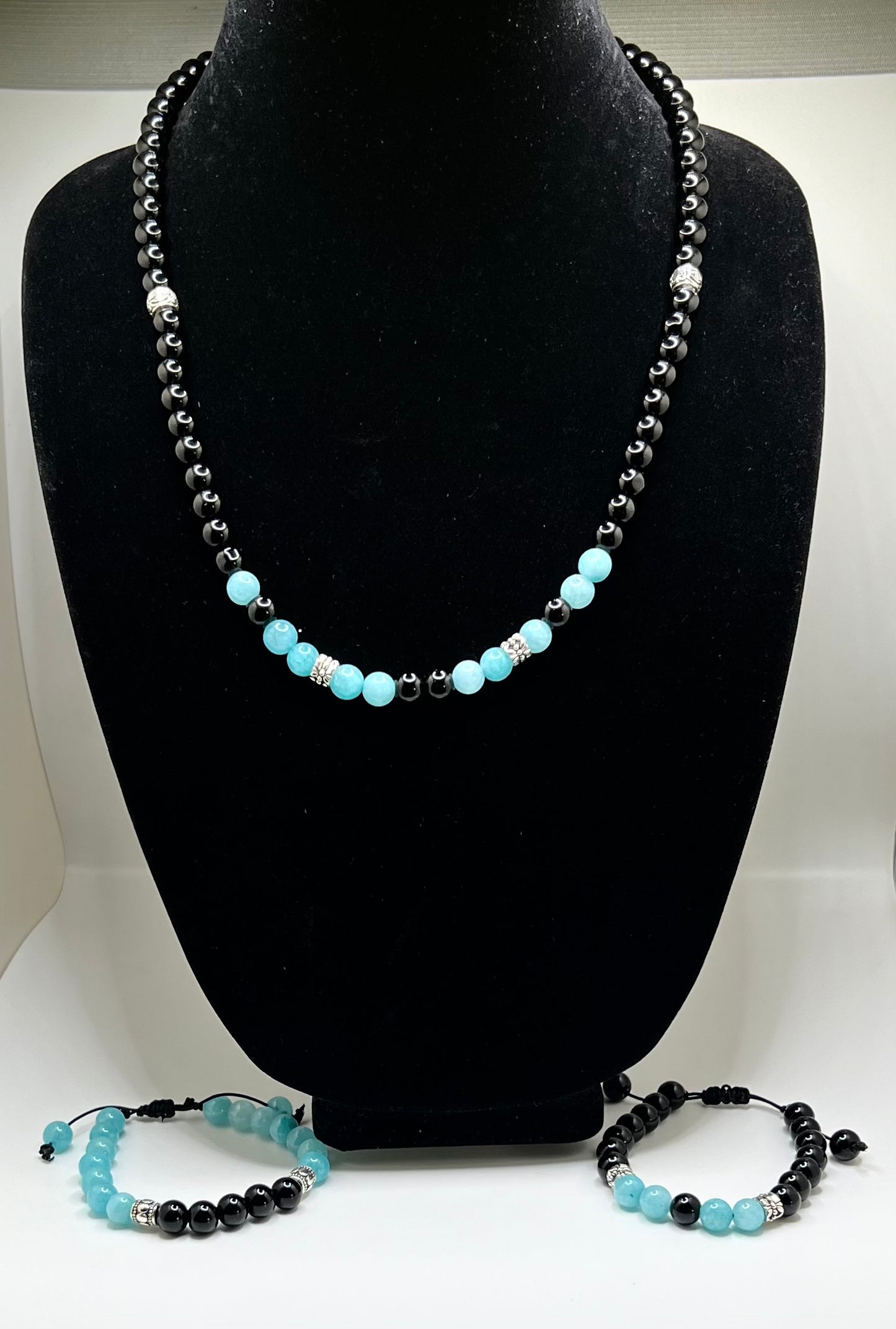 Obsidian with Tiffany blue beads Necklace and bracelets