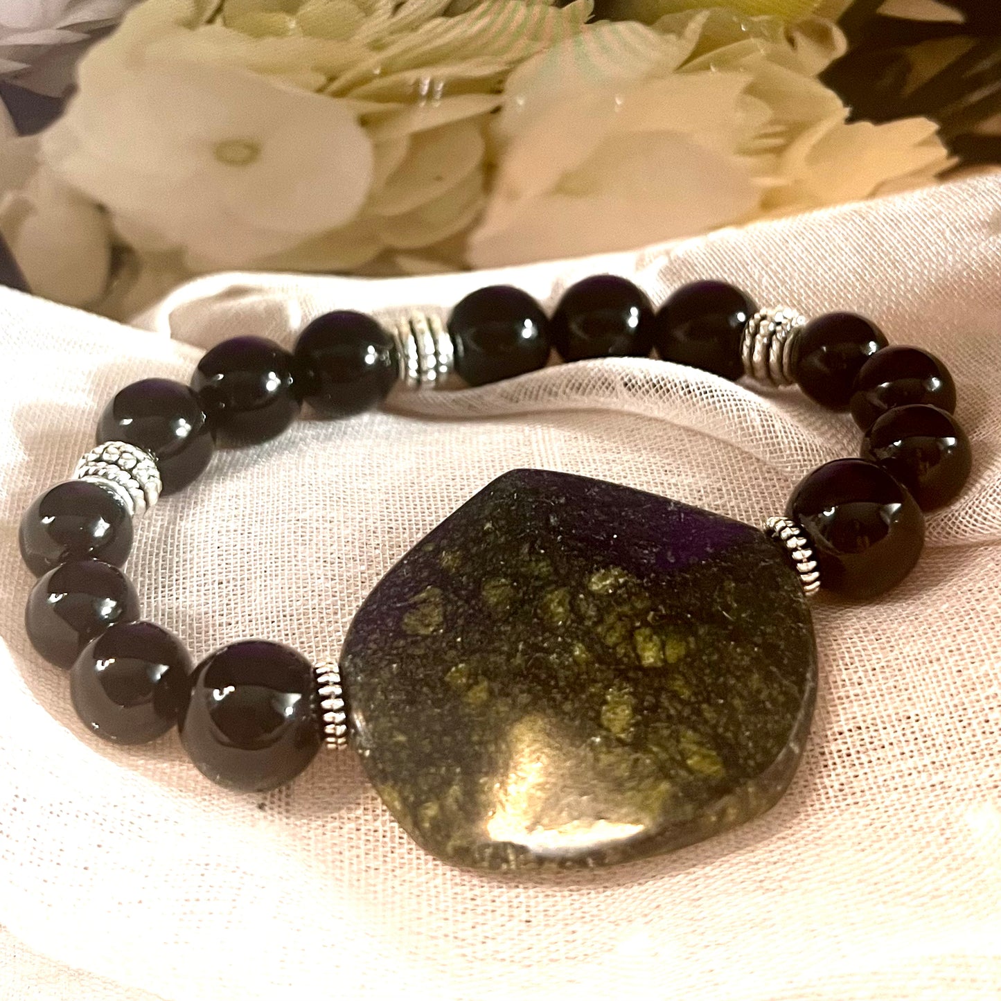Serpentine And Obsidian stretch Bracelet