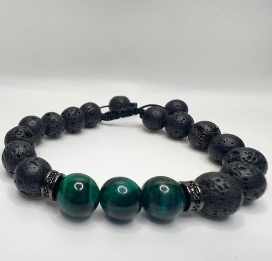 Green Tiger Eye: energizing  properties and for arousing motivation. lava: strengthens one's connection to Mother Earth bracelet