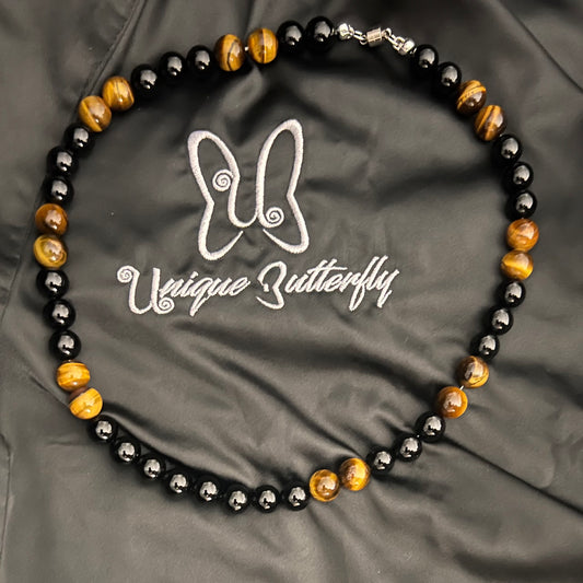 Onyx: increase regeneration, happiness, intuition, instincts ; increase wealth and vitality. Tiger's Eye brings protection against negative energy and strengthens self-worth necklace (length 18”)