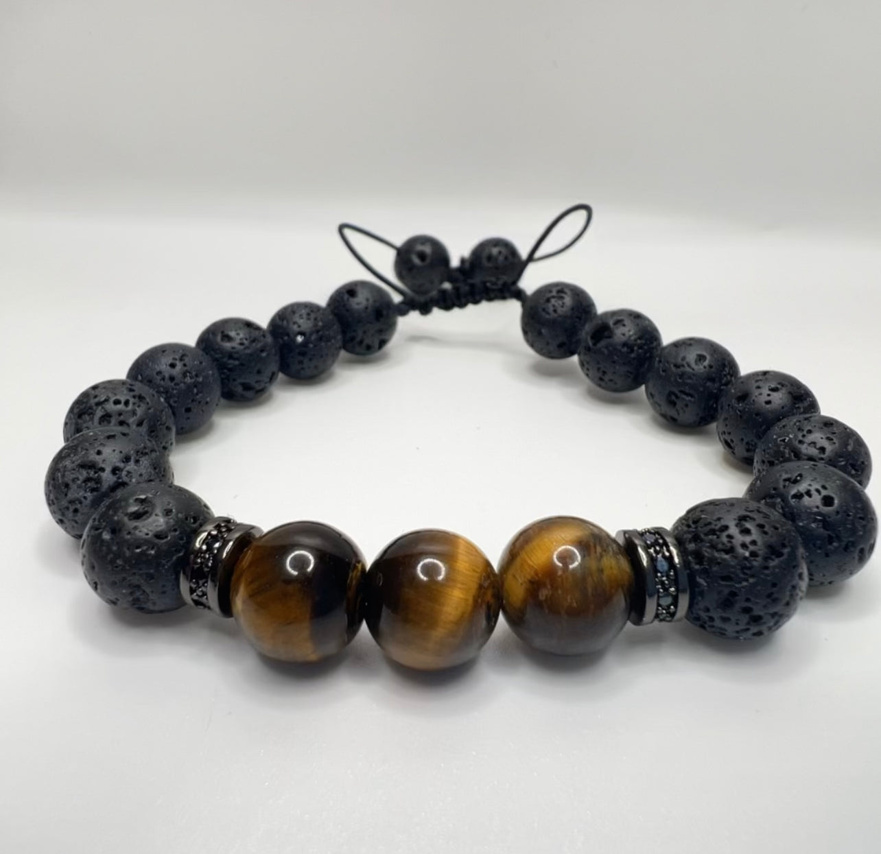 Tiger's Eye:brings protection against negative energy and strengthens self-worth   lava: strengthens one's connection to Mother Earth bracelet .2