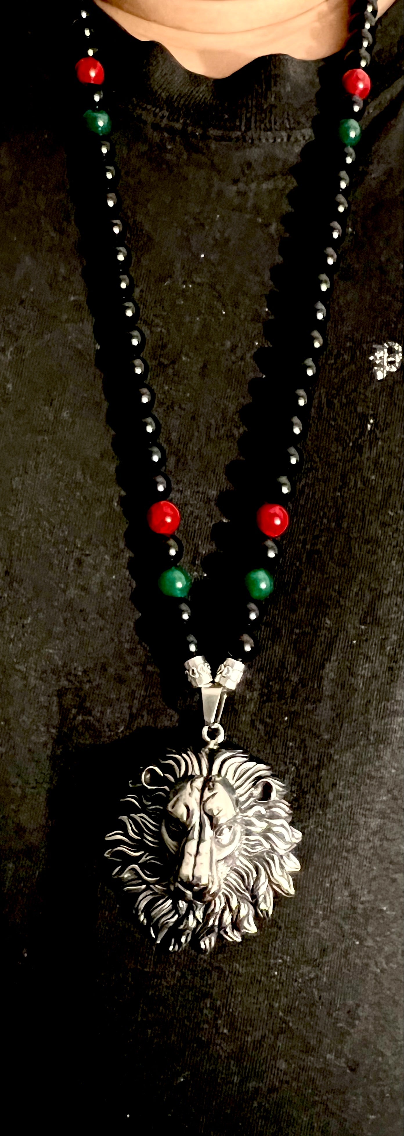 Onyx,Green Agate Lion Head 32” Necklace