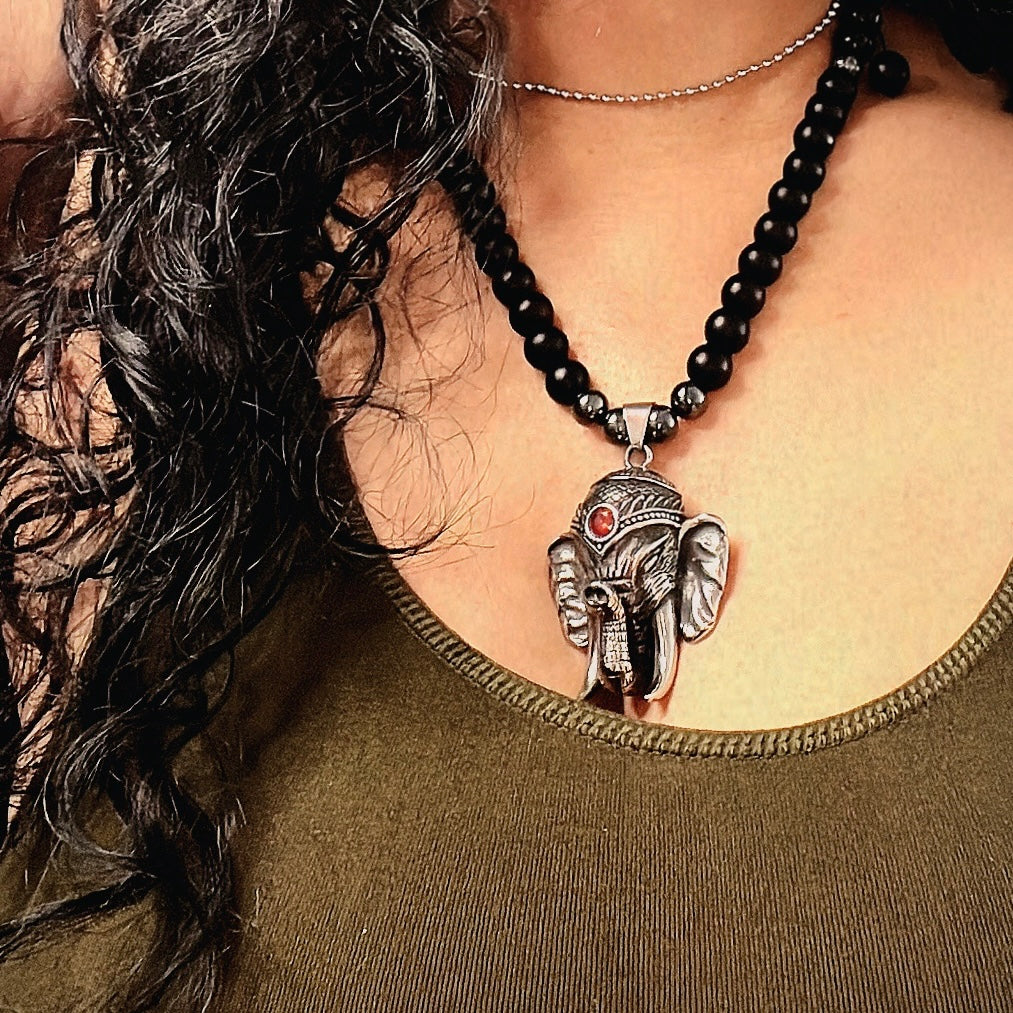 Onyx-Increase regeneration, happiness, intuition, instincts necklace with stainless steel Ganesh pendant (length 18")