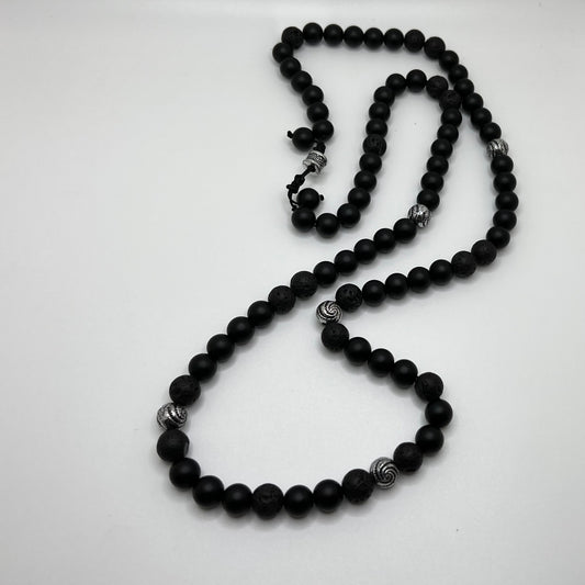 Onyx: increase regeneration, happiness, intuition, instincts /Lava:grounding and calming. stabilizes the root chakra— Necklace (lenth 32”)