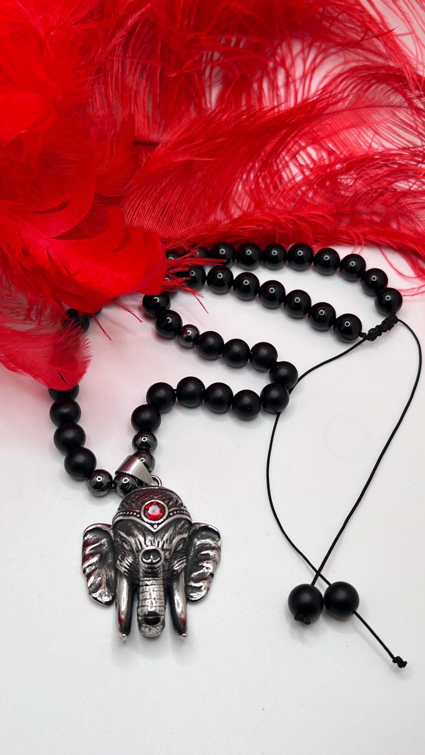 Onyx-Increase regeneration, happiness, intuition, instincts necklace with stainless steel Ganesh pendant (length 18")